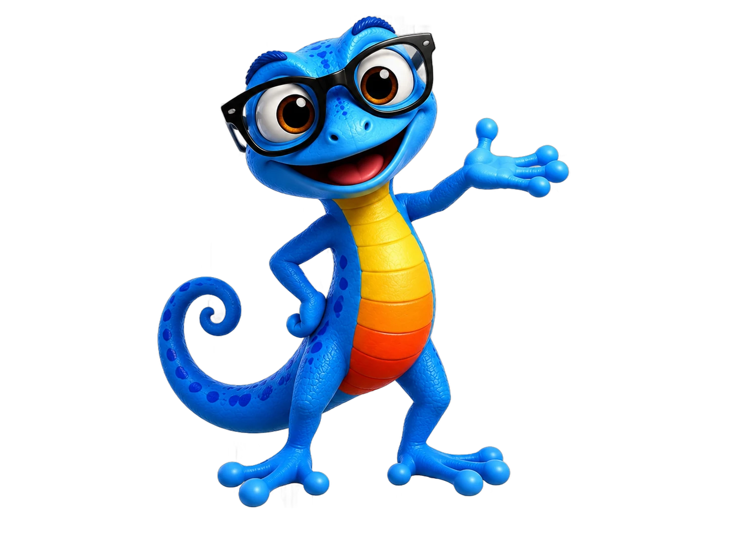 The BlueGecko mascot waving in welcome.